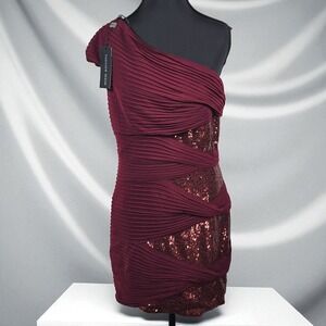 Tadashi Shoji Sequin Dress Woman Medium Wine Red‎ One Shoulder Pleated Draped